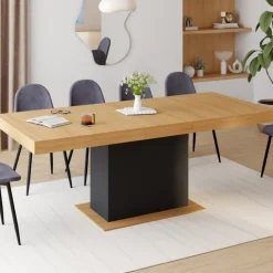 Table avec pied central bois et noir extensible