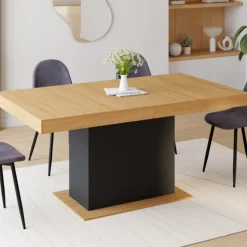 Table avec pied central bois et noir extensible