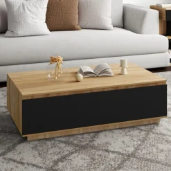 Table basse 110 cm avec porte façon hêtre et noir
