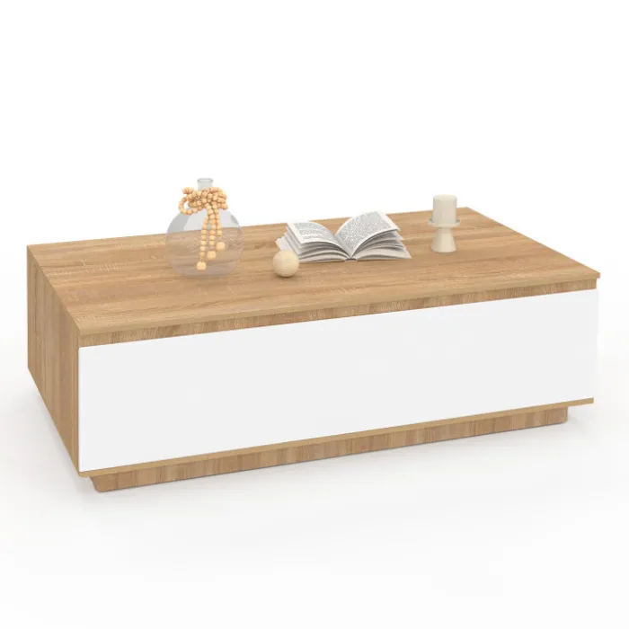 Table basse 110 cm avec porte façon hêtre et blanc