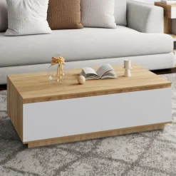 Table basse 110 cm avec porte façon hêtre et blanc