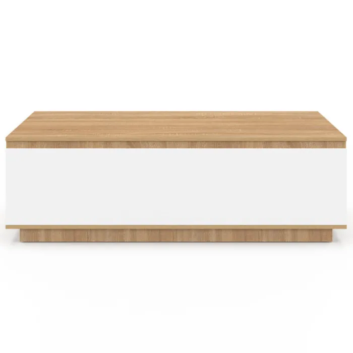 Table basse 110 cm avec porte façon hêtre et blanc