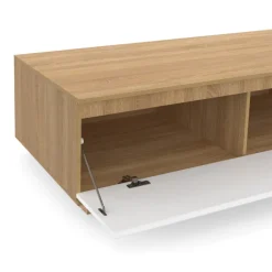 Table basse 110 cm avec porte façon hêtre et blanc