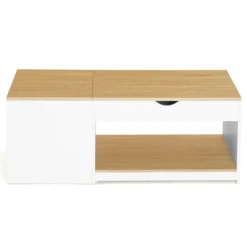 Table basse 2 plateaux relevables bois blanc et façon hêtre