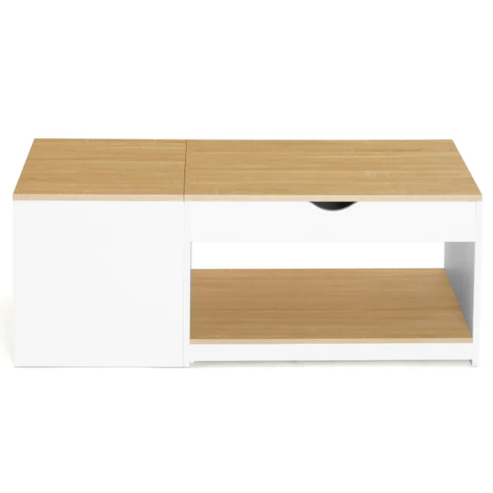 Table basse 2 plateaux relevables bois blanc et façon hêtre
