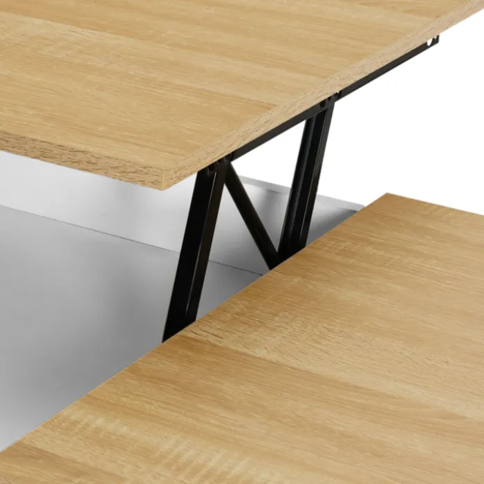 Table basse 2 plateaux relevables bois blanc et façon hêtre