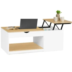 Table basse 2 plateaux relevables bois blanc et façon hêtre