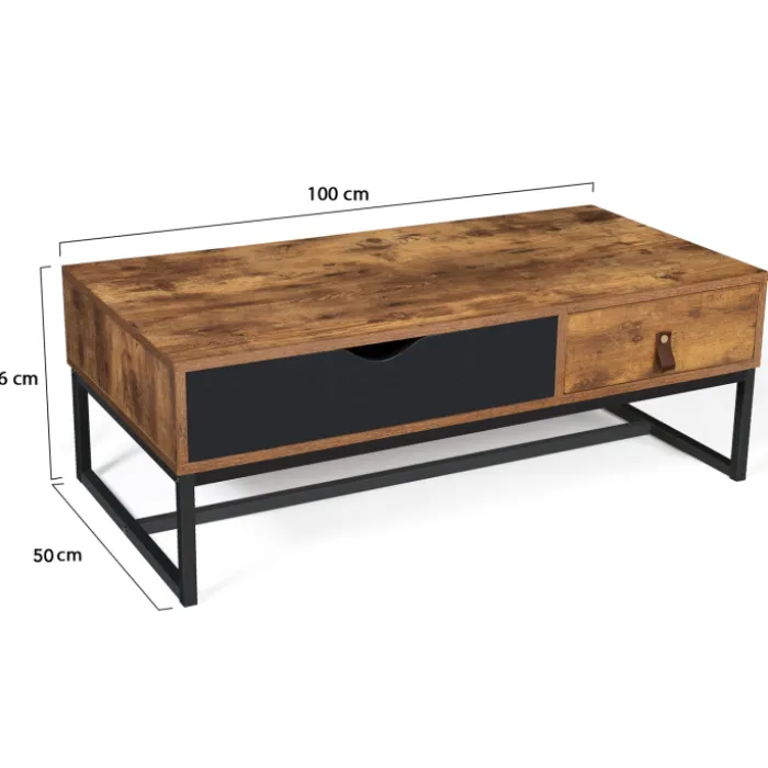 Table basse 2 tiroirs style industriel effet bois vieilli