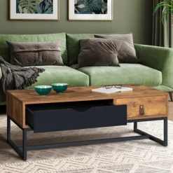 Table basse 2 tiroirs style industriel effet bois vieilli