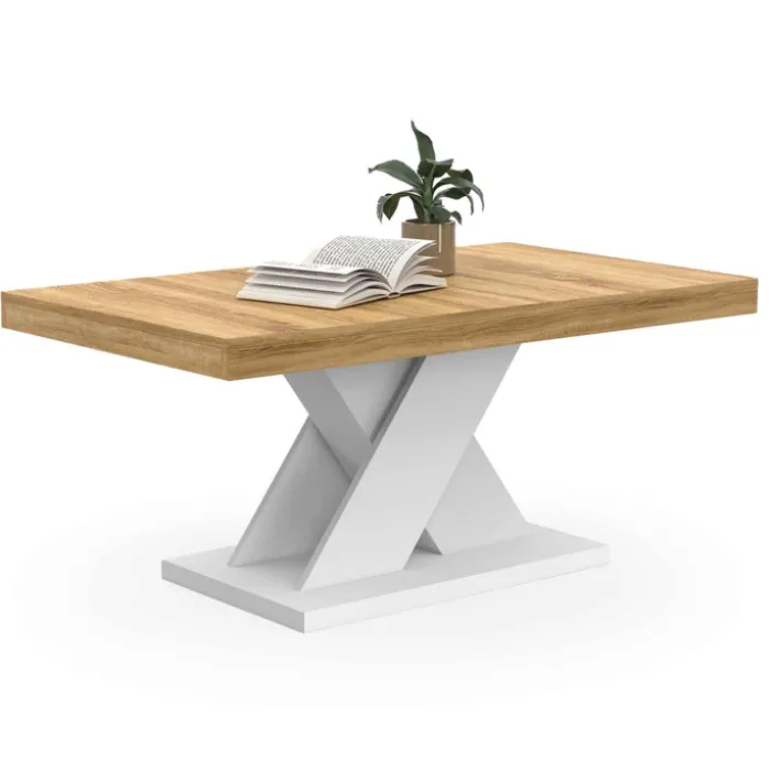 Table basse avec plateau bois et pied en X blanc