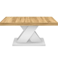 Table basse avec plateau bois et pied en X blanc