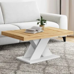 Table basse avec plateau bois et pied en X blanc