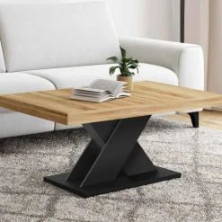 Table basse avec plateau bois et pied en X noir