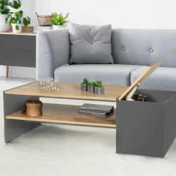Table basse avec rangement bar 110 cm bois imitation hêtre et gris