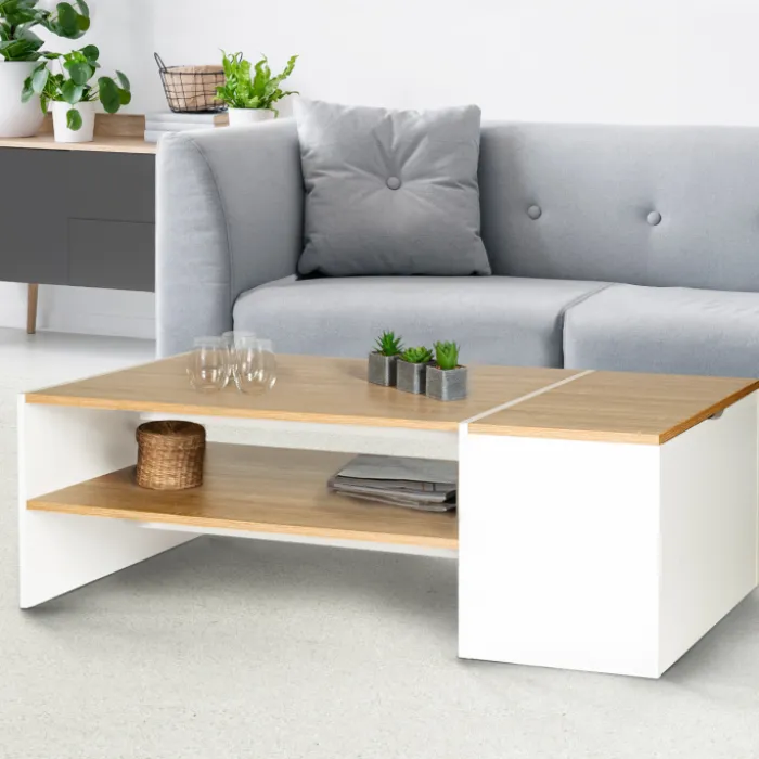 Table basse avec rangement bar 110 cm bois imitation hêtre et blanc