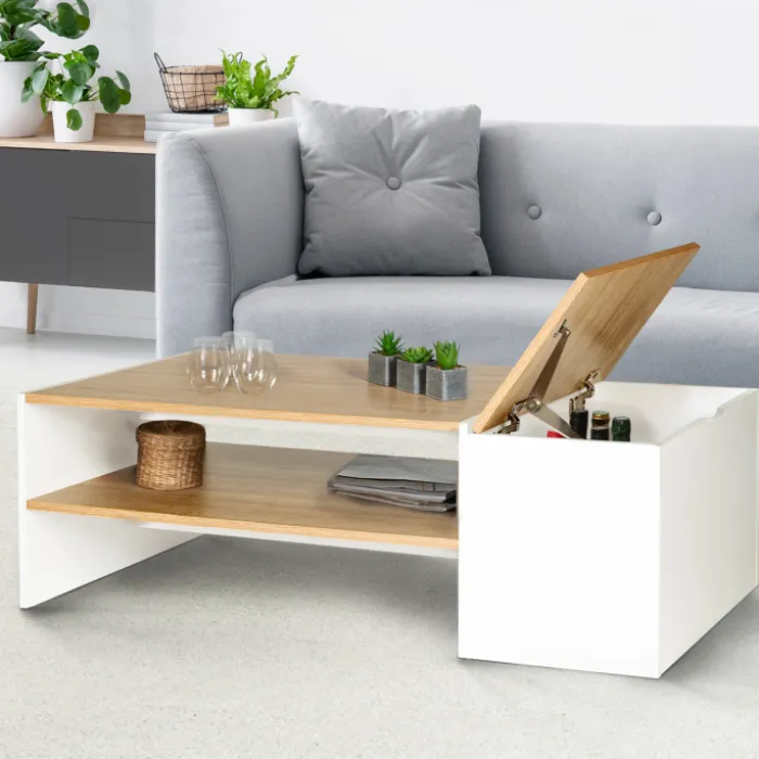Table basse avec rangement bar 110 cm bois imitation hêtre et blanc