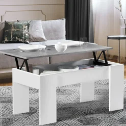 Table basse bois blanc plateau relevable effet béton