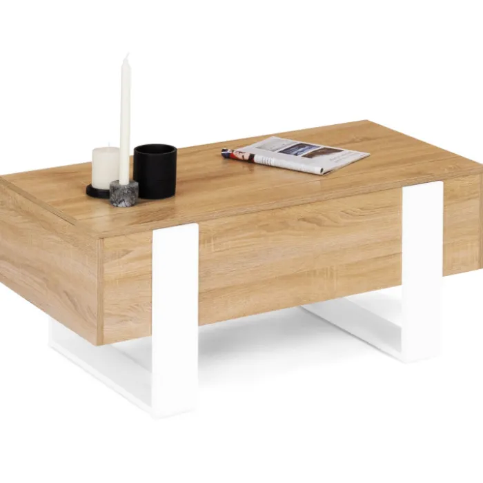 Table basse bois et blanc avec plateau relevable