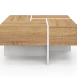 Table basse carrée 70 cm avec tiroirs bois et blanc