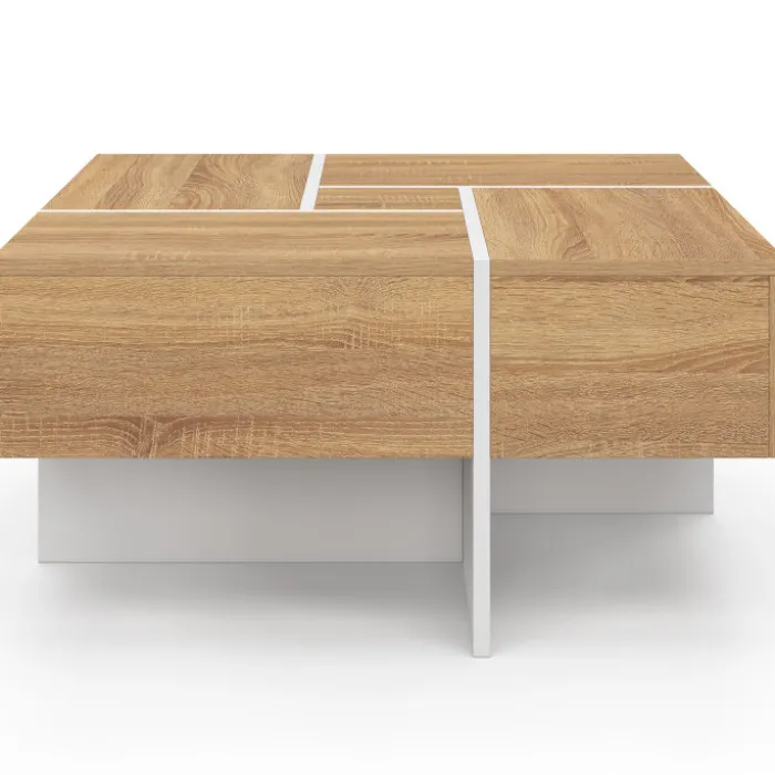 Table basse carrée 70 cm avec tiroirs bois et blanc