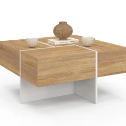 Table basse carrée 70 cm avec tiroirs bois et blanc