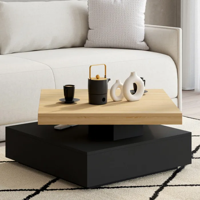 Table basse carrée avec plateau rotatif moderne 70 cm bois et noir