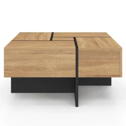 Table basse carrée avec 4 tiroirs bois et noir