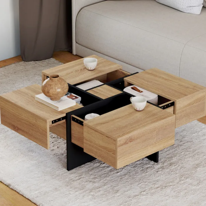 Table basse carrée avec 4 tiroirs bois et noir