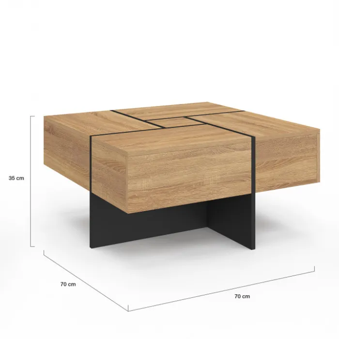 Table basse carrée avec 4 tiroirs bois et noir