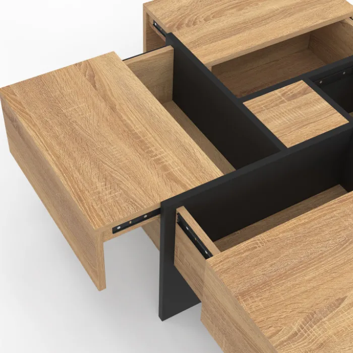 Table basse carrée avec 4 tiroirs bois et noir