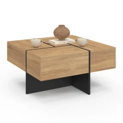 Table basse carrée avec 4 tiroirs bois et noir