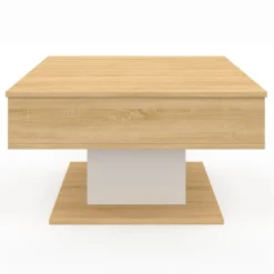 Table basse carrée bois et blanc avec plateau relevable