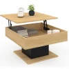 Table basse carrée bois et noir avec plateau relevable