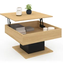 Table basse carrée bois et noir avec plateau relevable