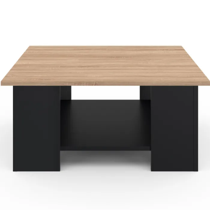 Table basse carrée noire avec plateau imitation hêtre