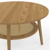Table basse 70 cm ronde bois façon hêtre et plateau effet naturel cannage