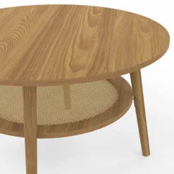 Table basse 70 cm ronde bois façon hêtre et plateau effet naturel cannage