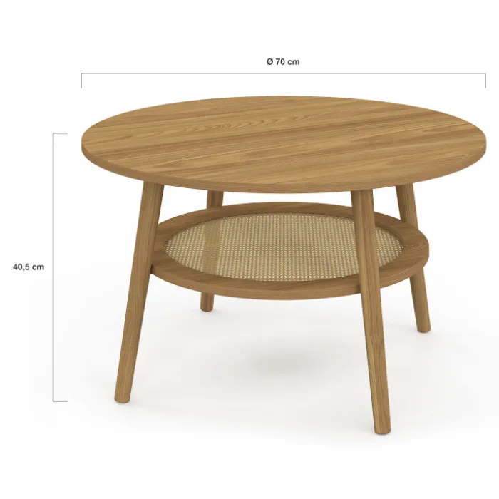 Table basse 70 cm ronde bois façon hêtre et plateau effet naturel cannage