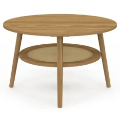 Table basse 70 cm ronde bois façon hêtre et plateau effet naturel cannage
