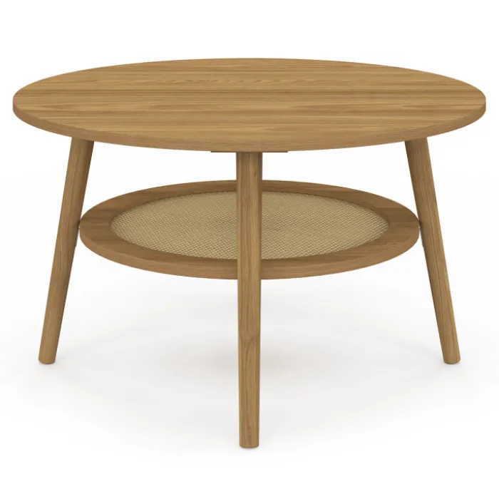 Table basse 70 cm ronde bois façon hêtre et plateau effet naturel cannage