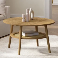 Table basse 70 cm ronde bois façon hêtre et plateau effet naturel cannage