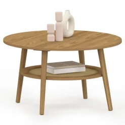 Table basse 70 cm ronde bois façon hêtre et plateau effet naturel cannage