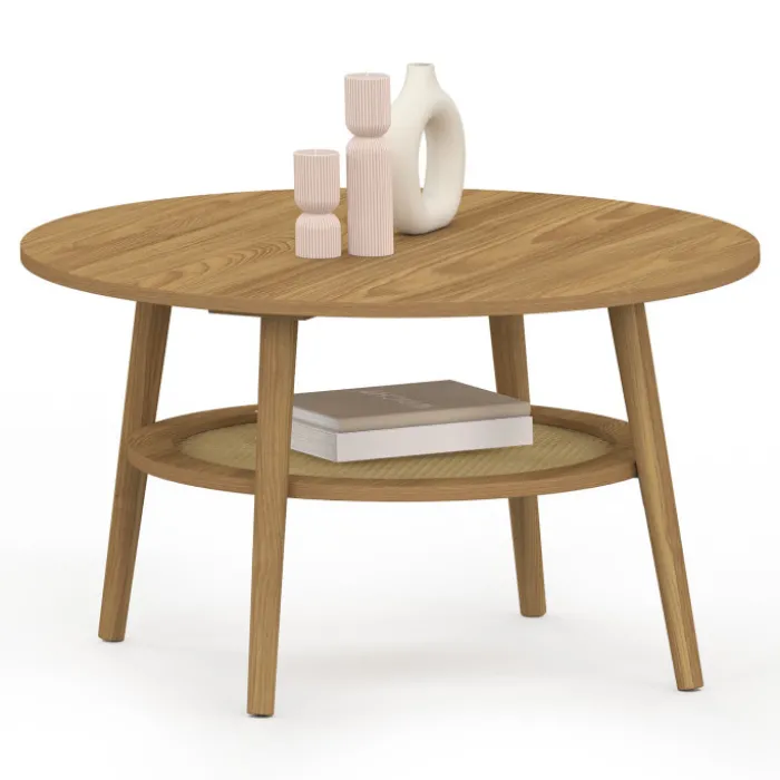 Table basse 70 cm ronde bois façon hêtre et plateau effet naturel cannage