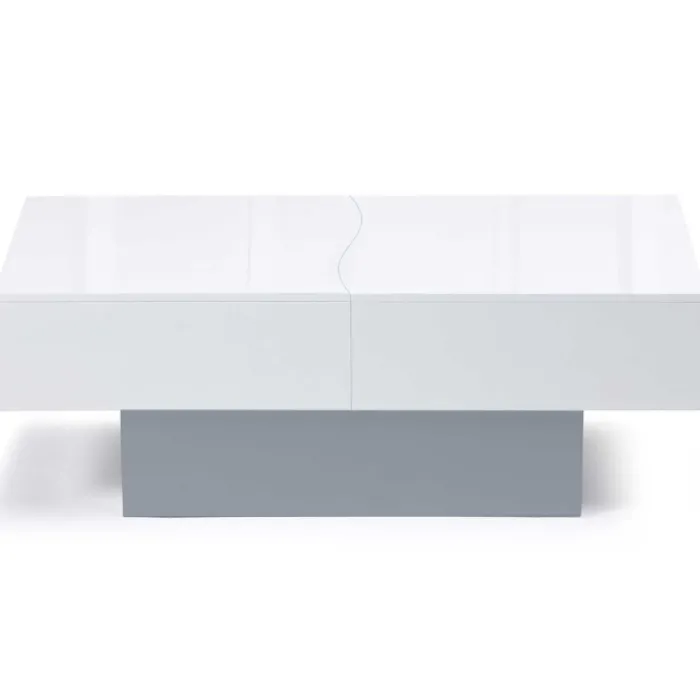 Table basse coulissante blanche et grise avec rangement mini bar intégré