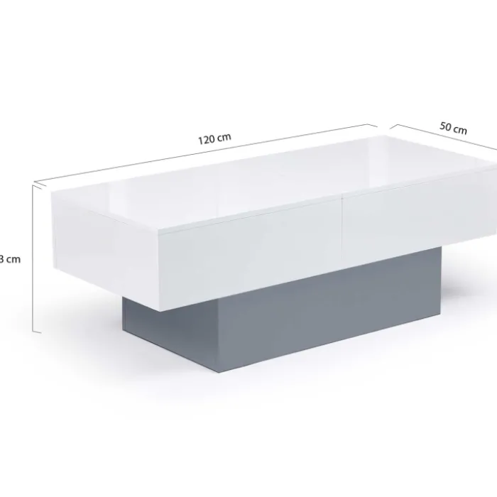 Table basse coulissante blanche et grise avec rangement mini bar intégré