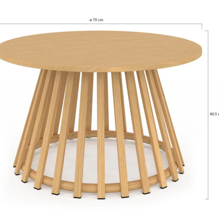 Table basse de jardin ronde 70 cm avec pied lattes en métal effet bois