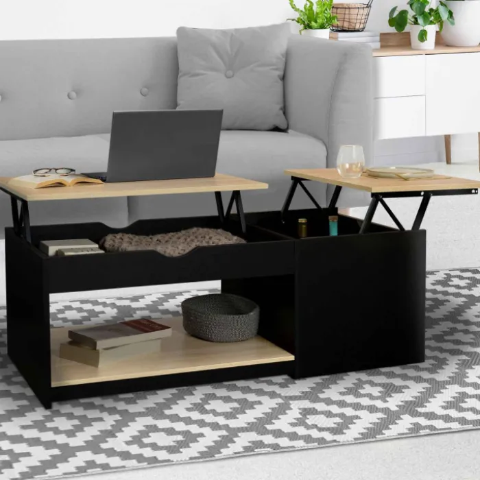 Table basse double plateau relevable noir et bois