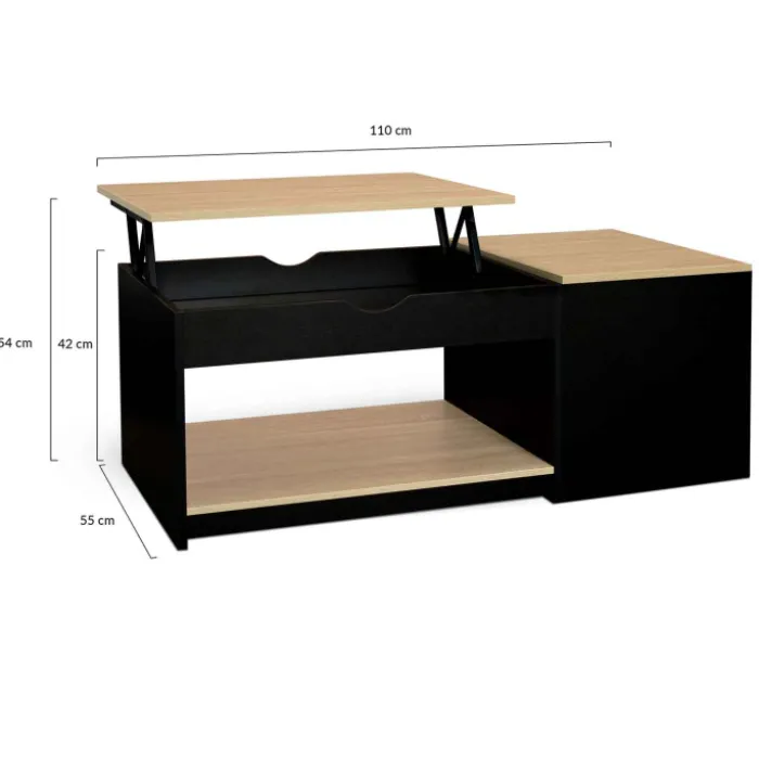 Table basse double plateau relevable noir et bois
