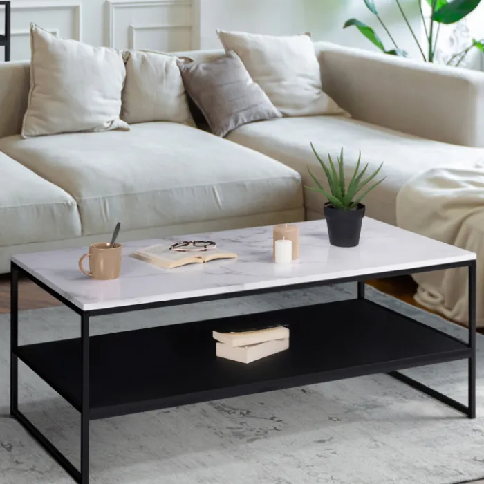 Table basse effet marbre double plateau