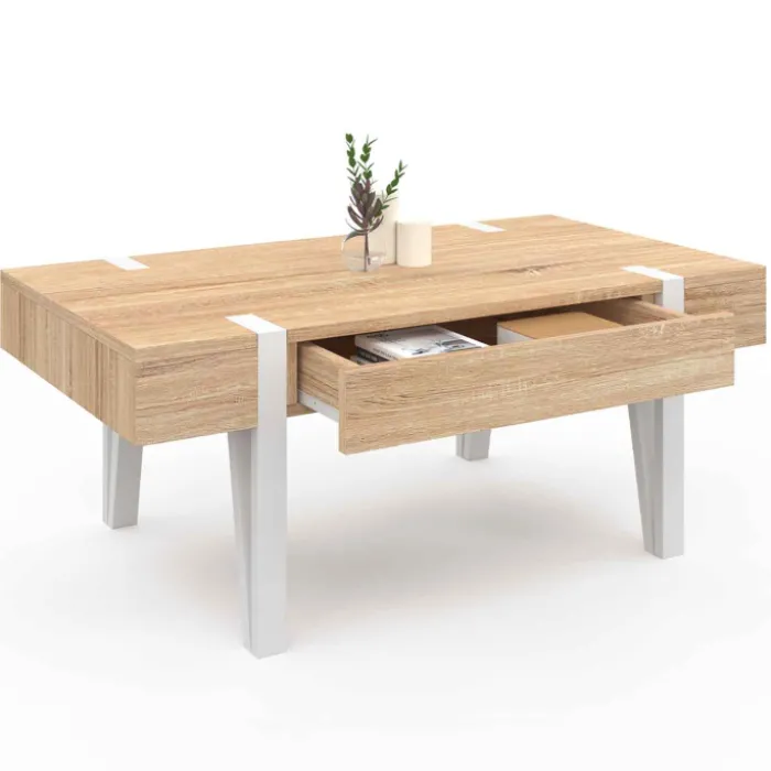 Table basse en bois pied épingle blanc avec 1 tiroir